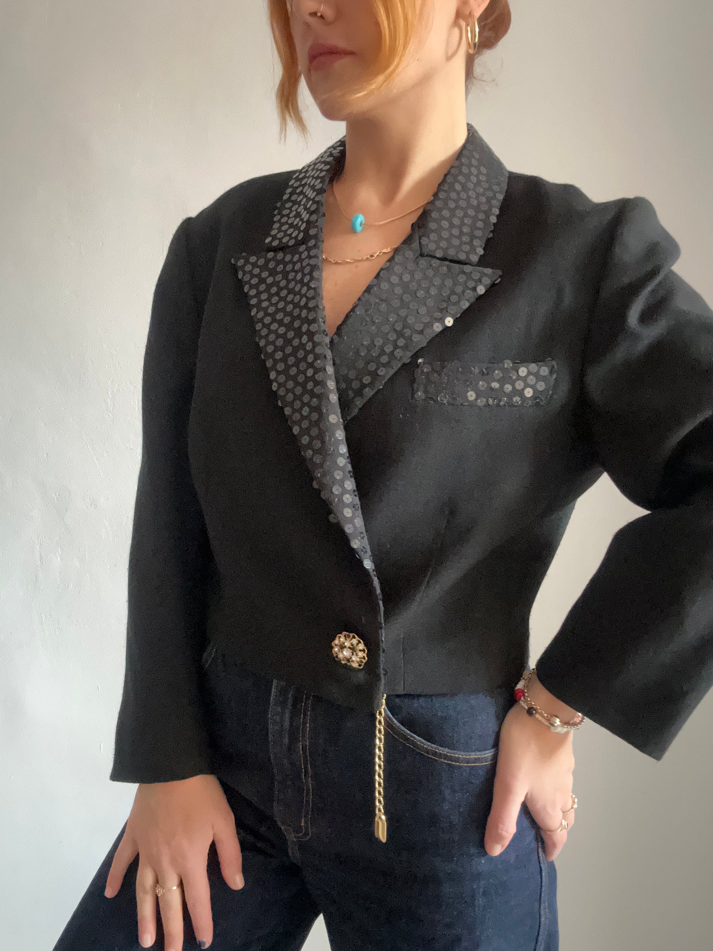 Black Sequined Crop Blazer