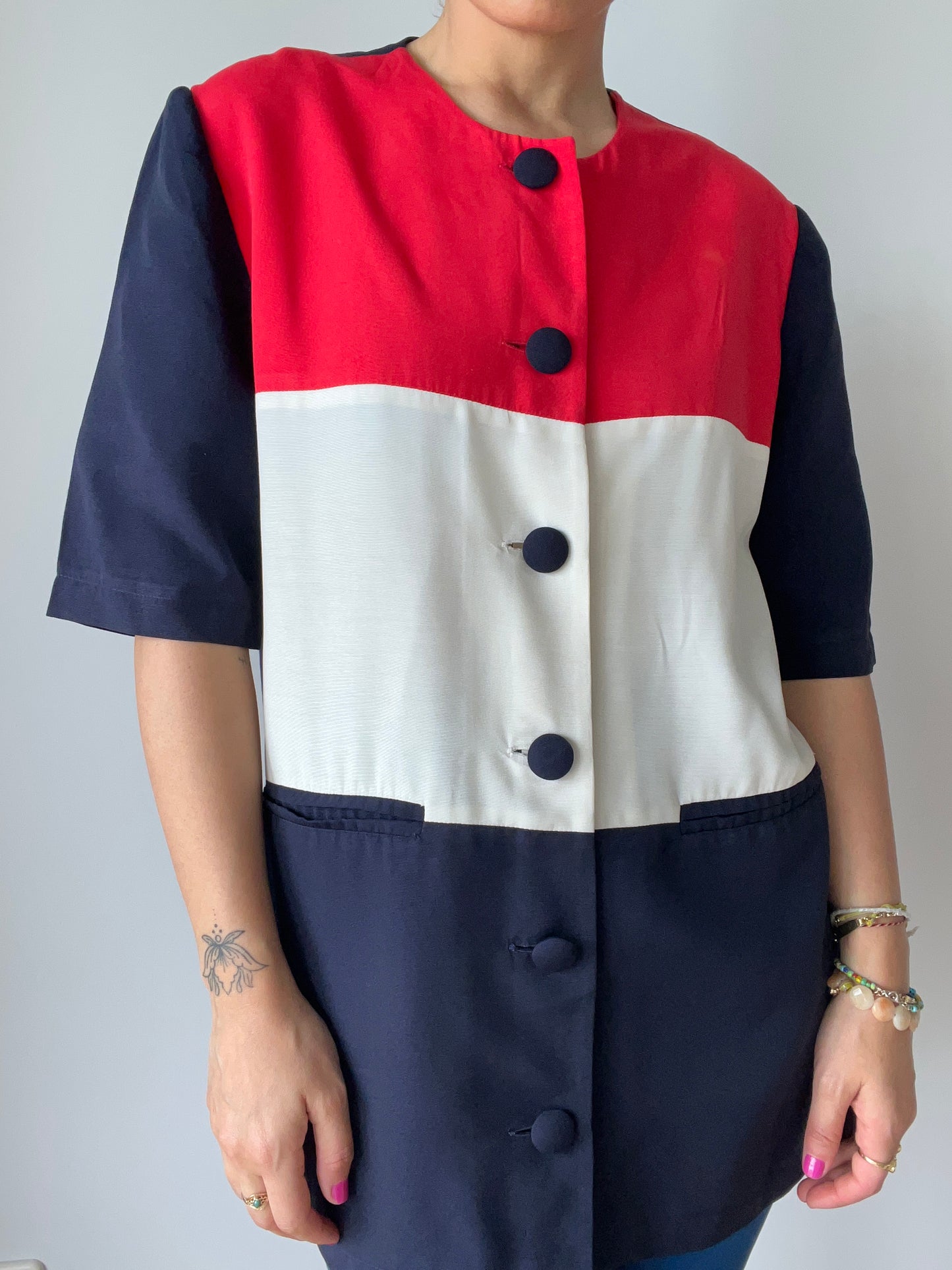 Navy, Red & White Color Block Short Sleeve Shirt