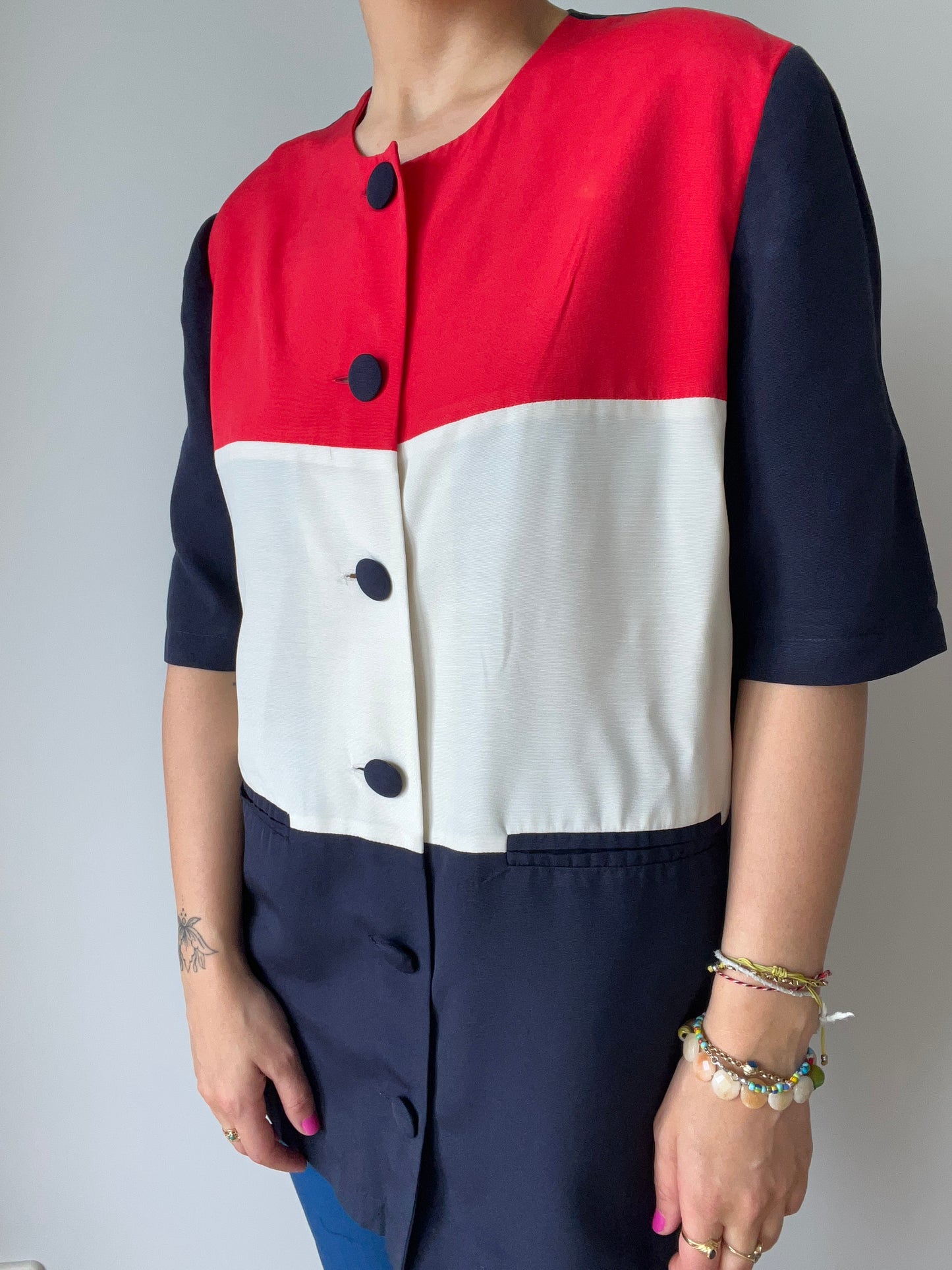 Navy, Red & White Color Block Short Sleeve Shirt