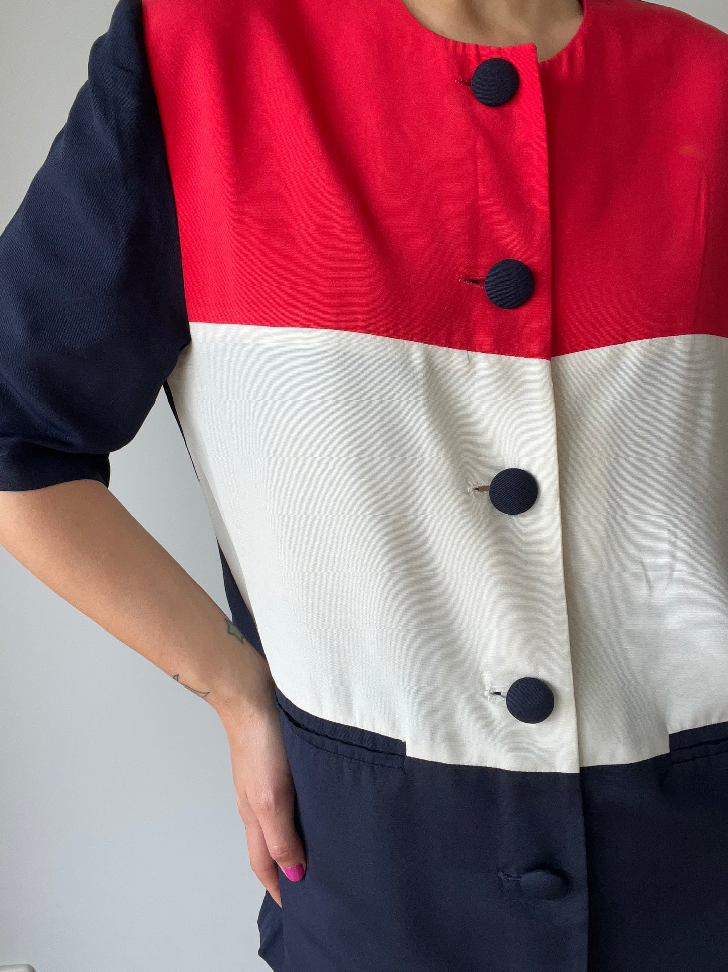 Navy, Red & White Color Block Short Sleeve Shirt