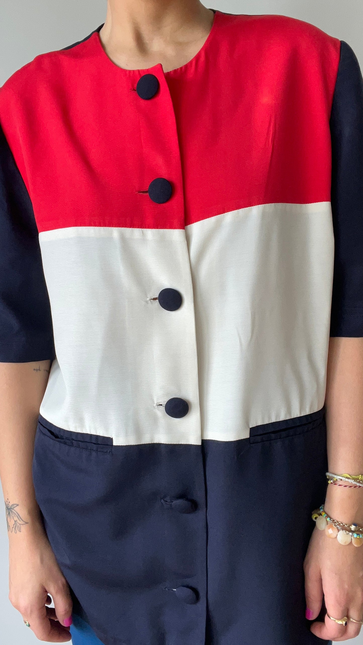 Navy, Red & White Color Block Short Sleeve Shirt