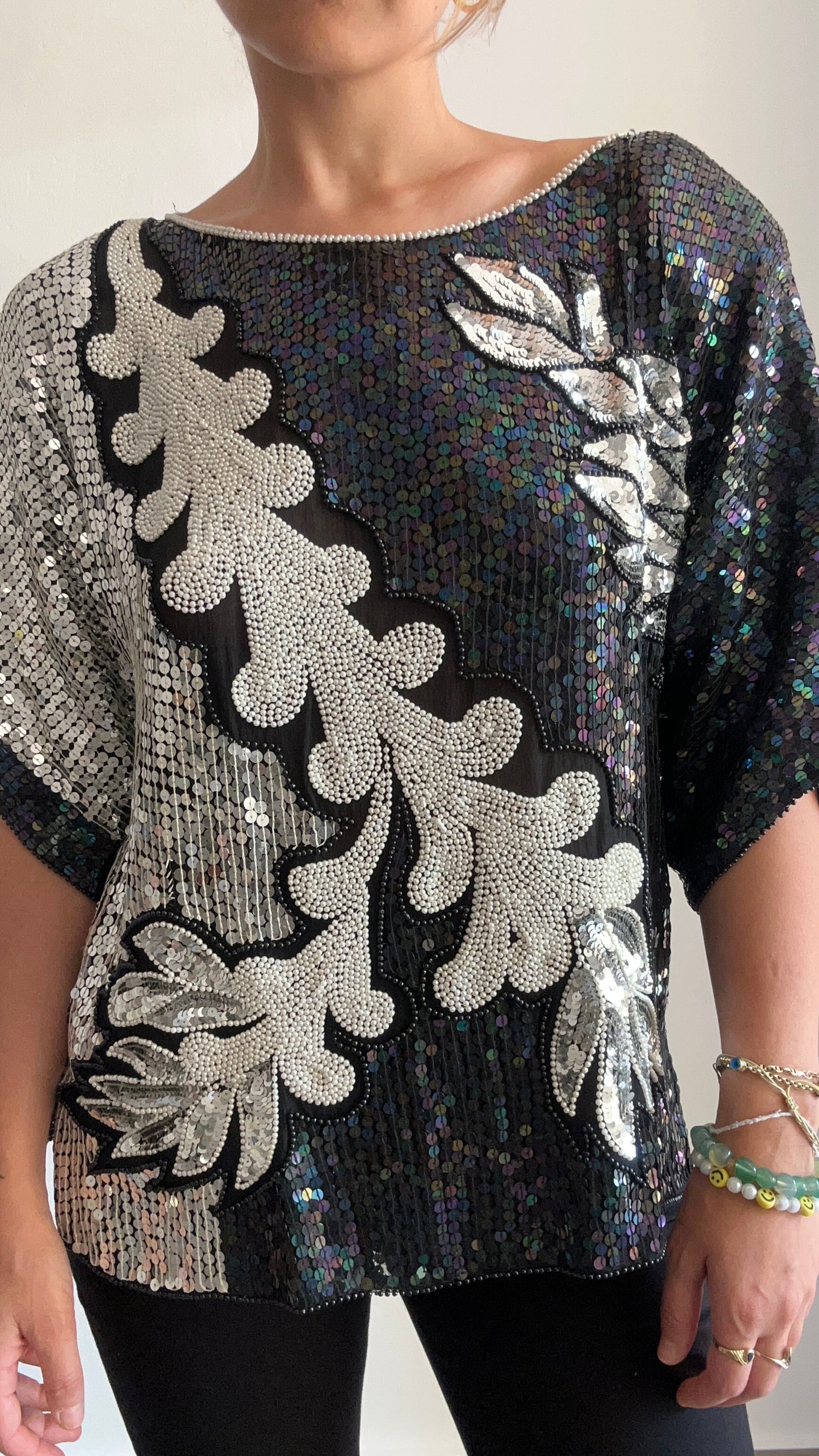 Sequined & Pearl Silk Top