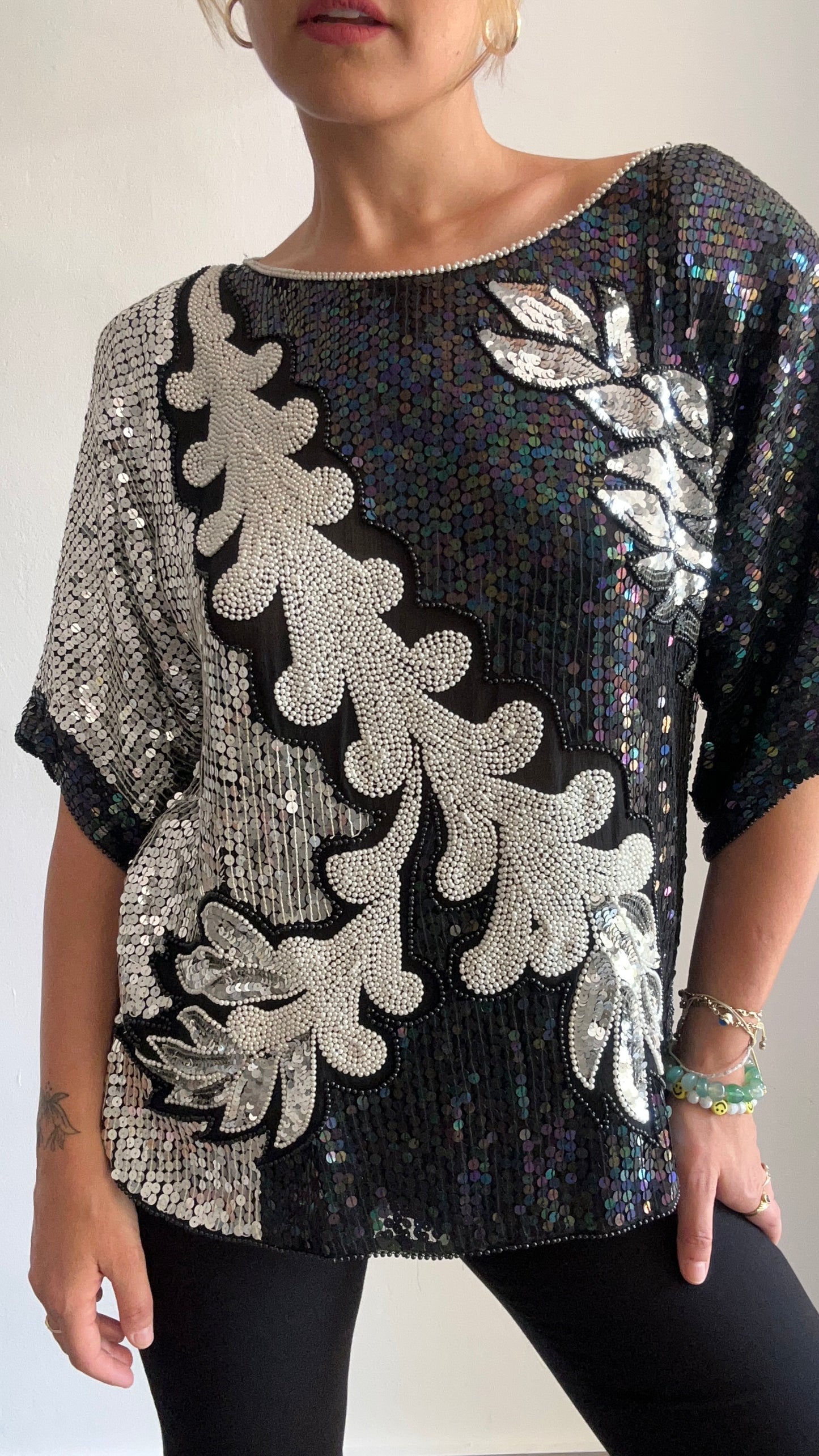 Sequined & Pearl Silk Top