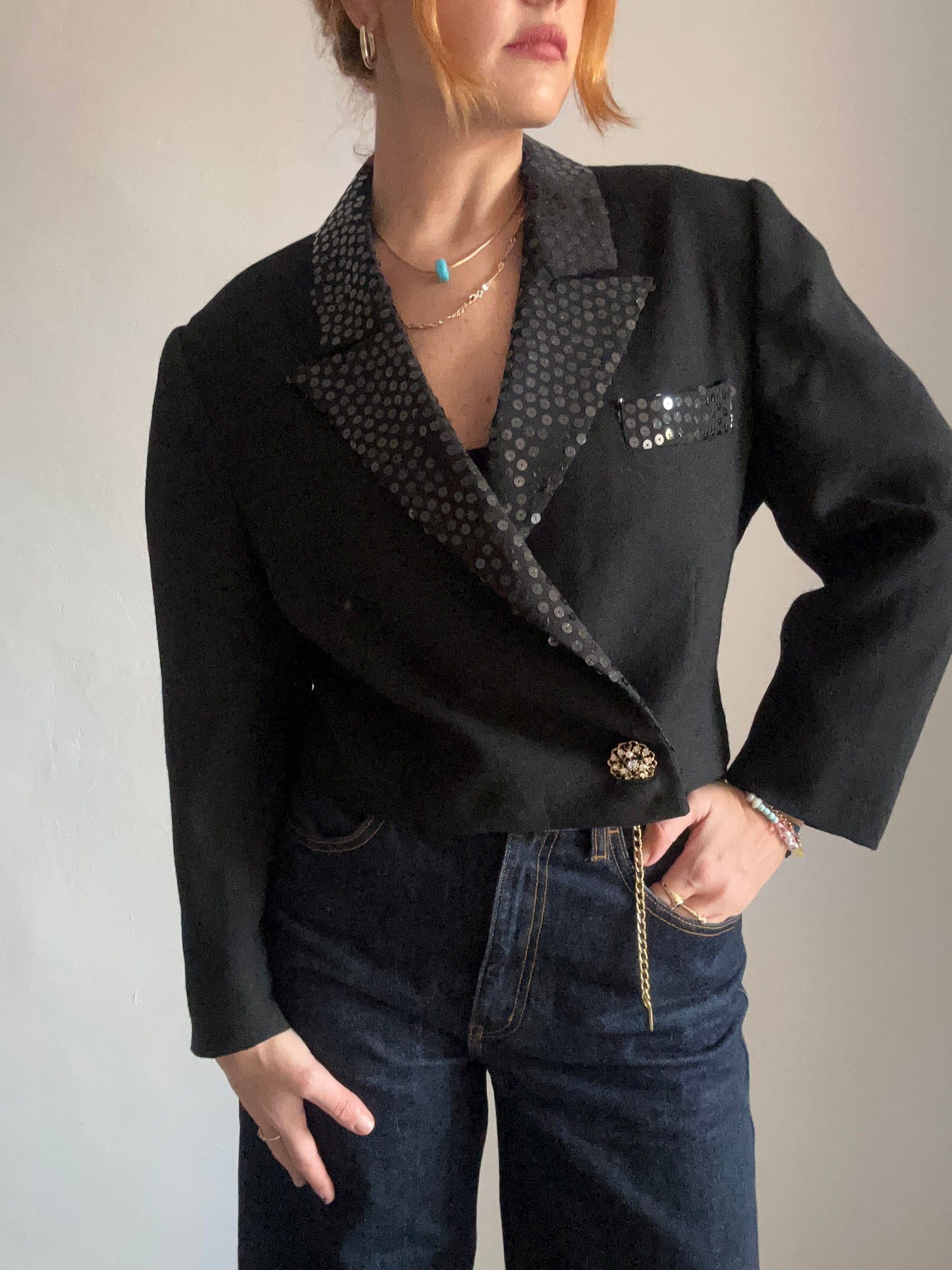 Black Sequined Crop Blazer