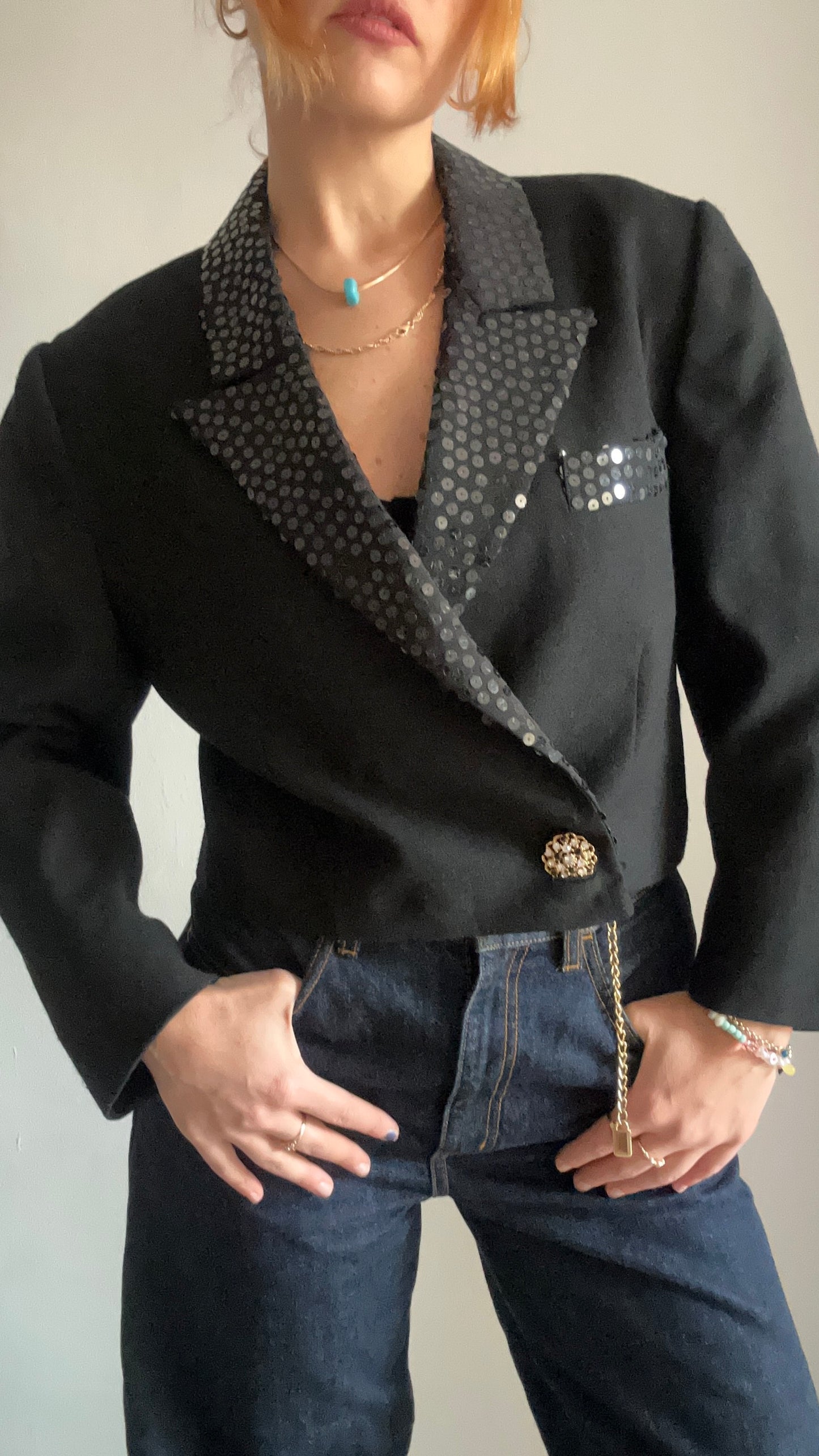 Black Sequined Crop Blazer