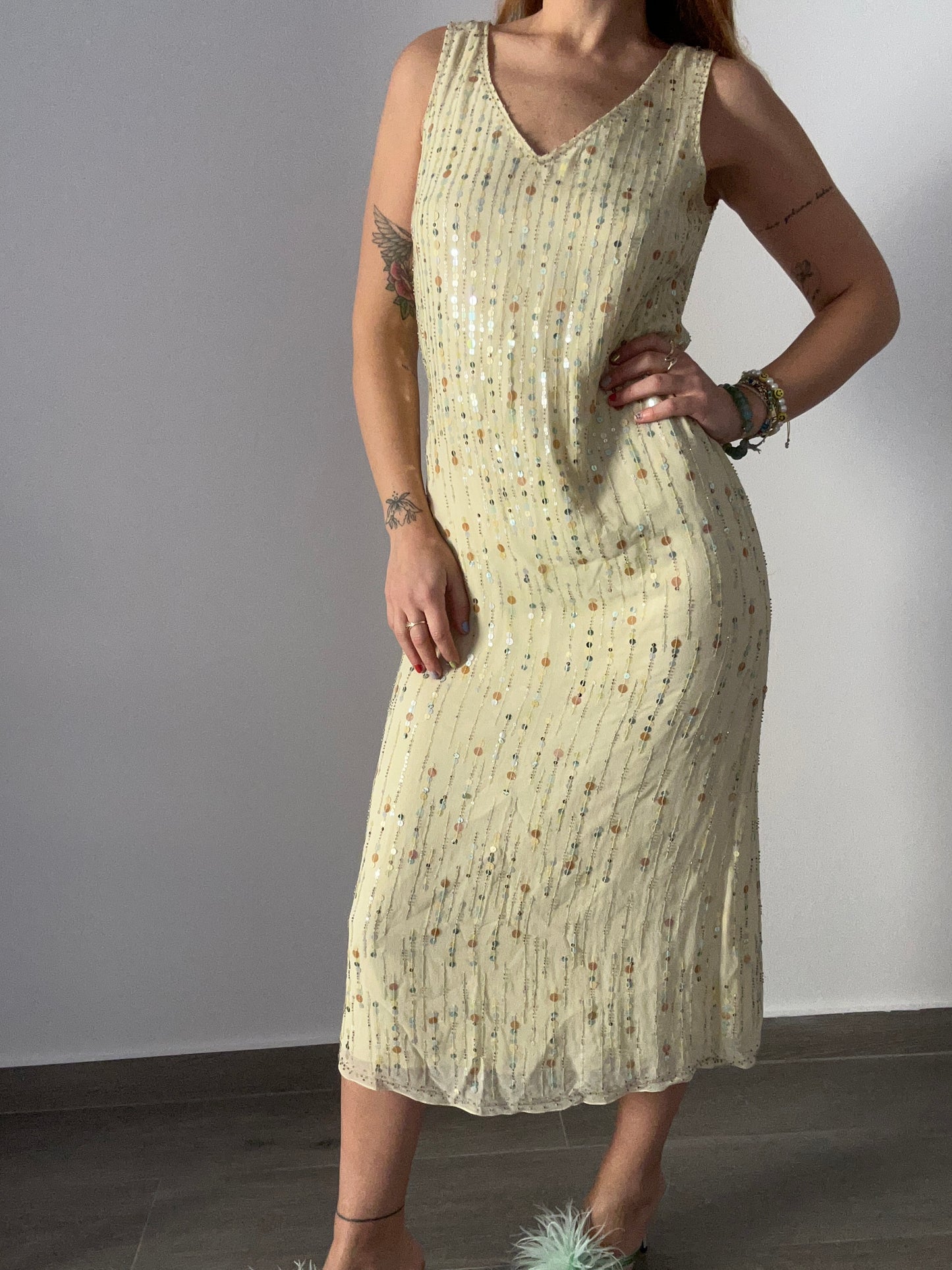 Sequinned Pale Yellow Dress