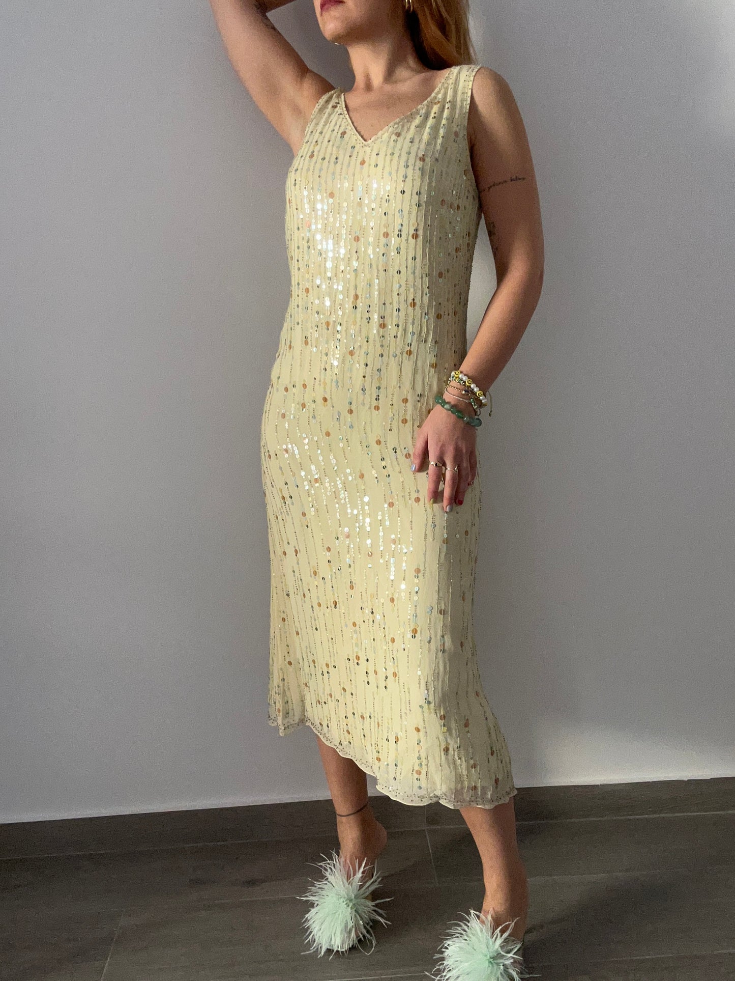 Sequinned Pale Yellow Dress