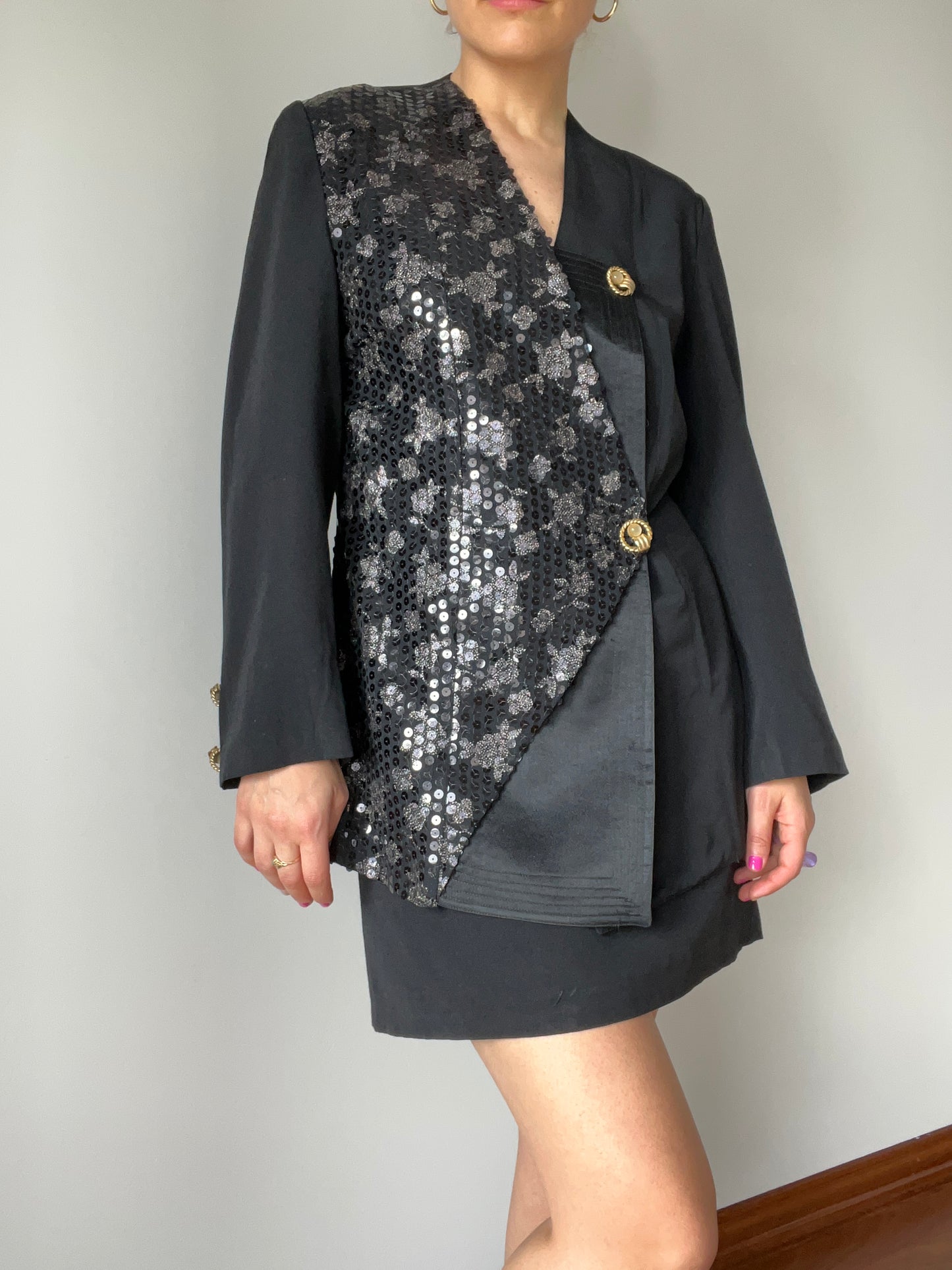 Black Sequin Skirt and Blazer Set