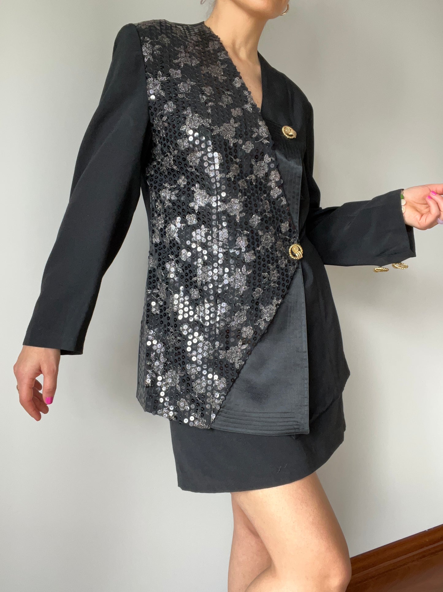 Black Sequin Skirt and Blazer Set