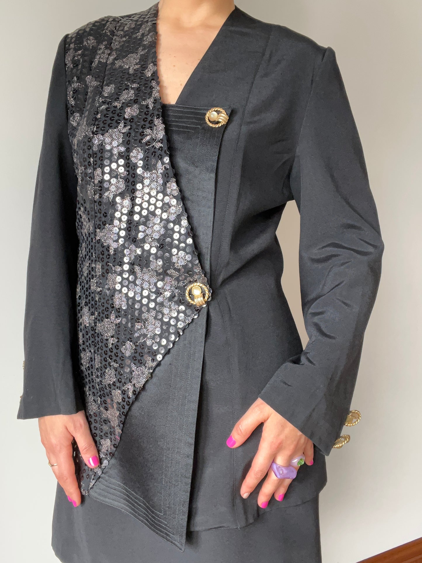 Black Sequin Skirt and Blazer Set