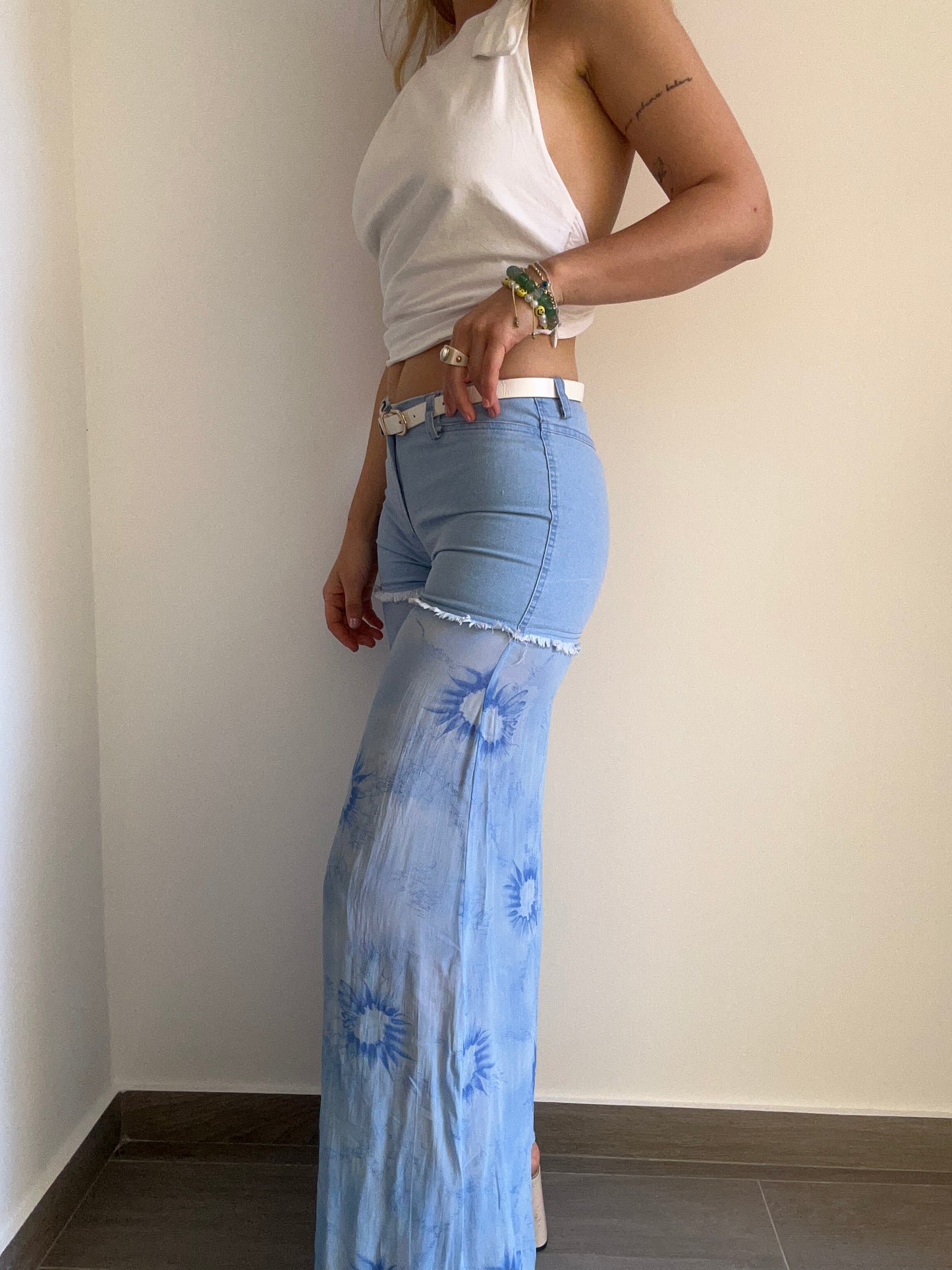 Denim & Chiffon Trousers