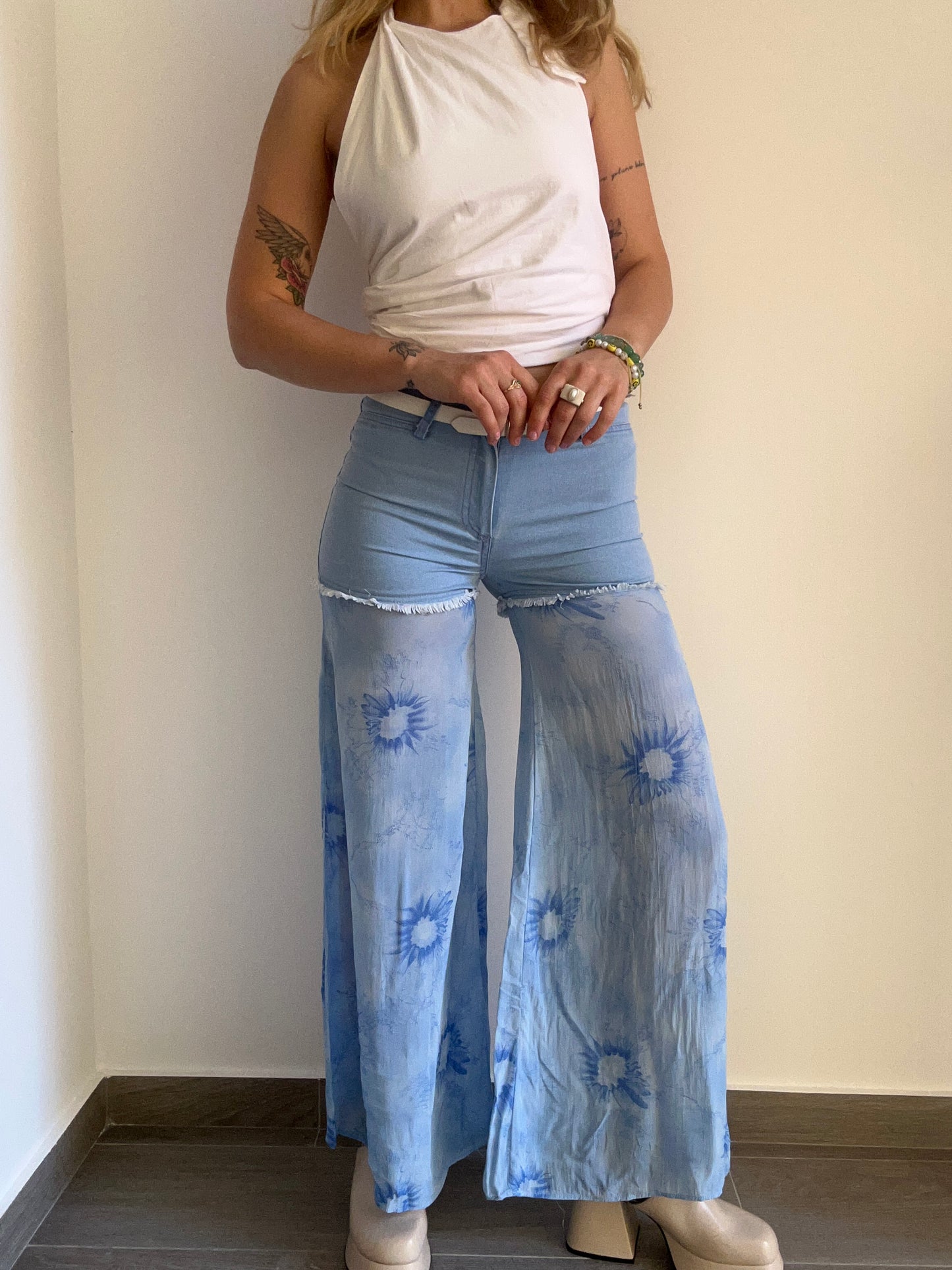 Denim & Chiffon Trousers