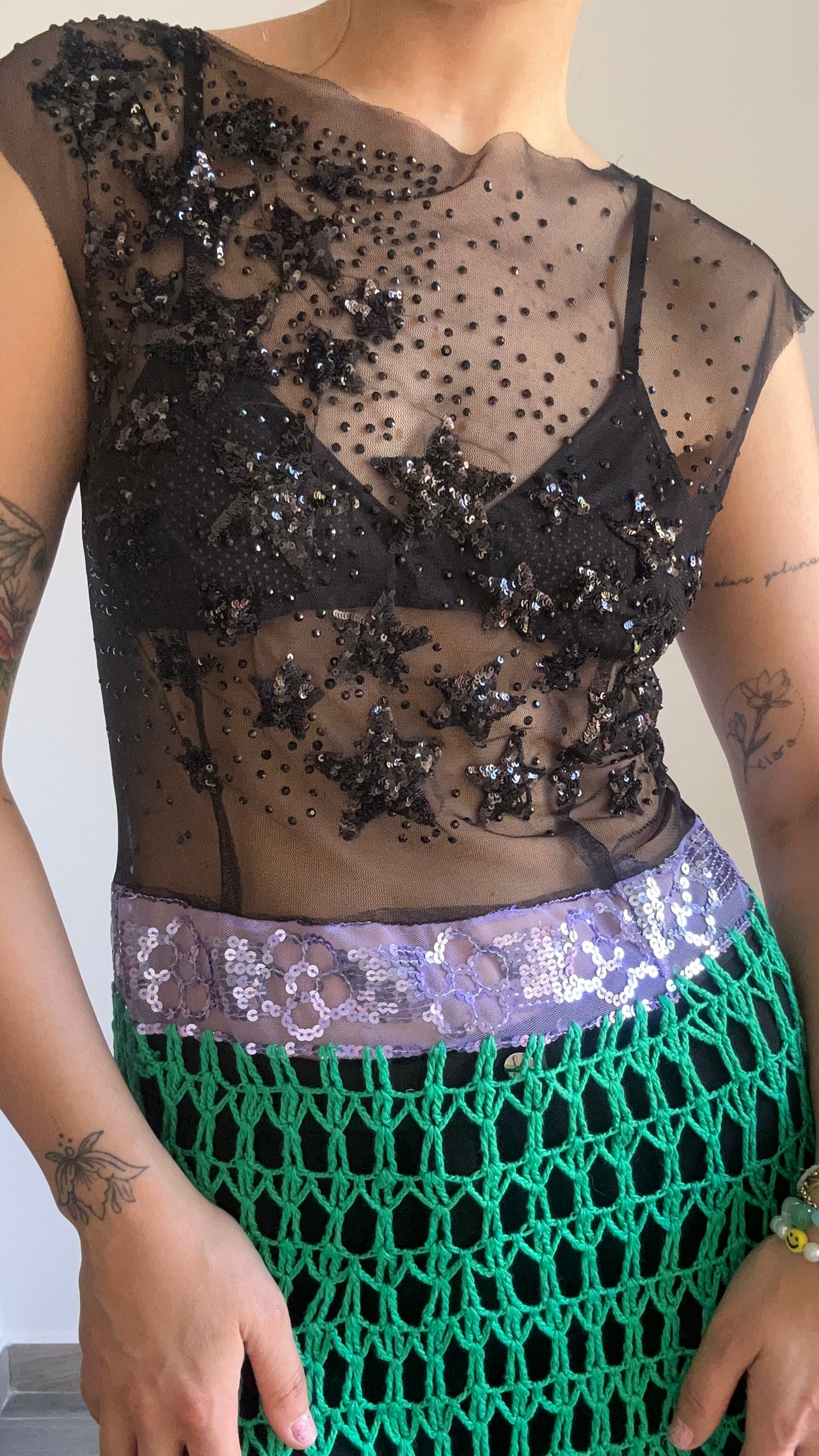 Sheer Sequinned and Knitted Top