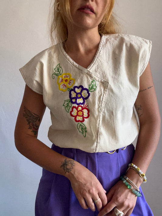 Linen Floral Embroidered Top