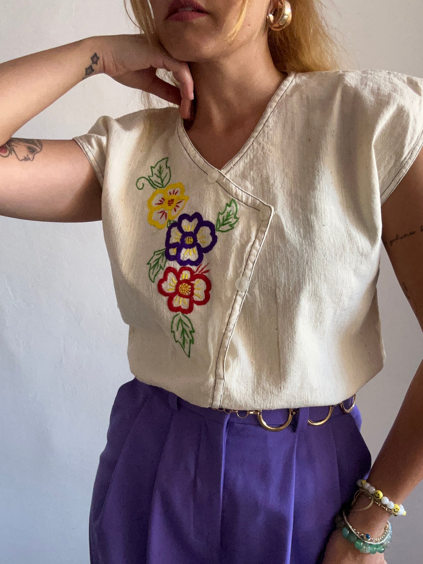 Linen Floral Embroidered Top