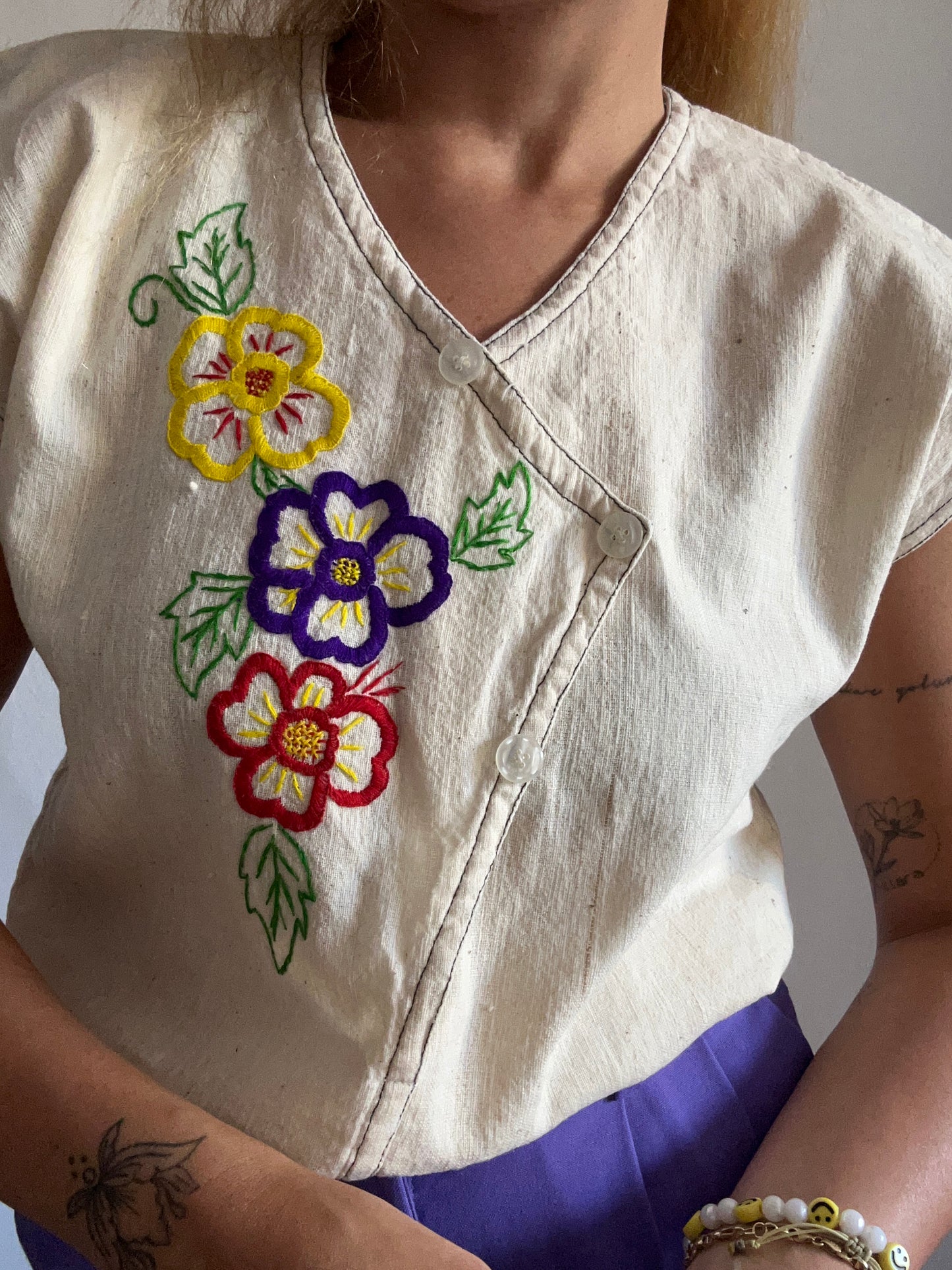 Linen Floral Embroidered Top